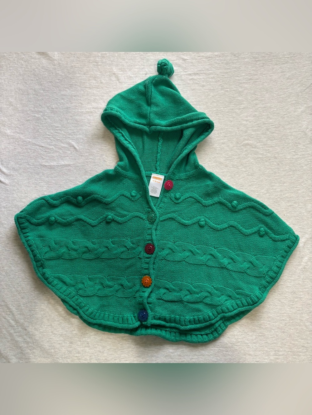 Gymboree Green Cable Knit Hooded Poncho Cape Multicolor Buttons 12-18M